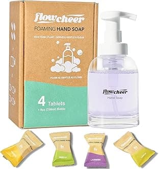 flowcheer Hand Soap Starter Set –1 Refillable CrystalClear Glass Foaming Hand Soap Dispenser + 4 Scented Soap Refill Tablets, 4 x 9 Fl oz,Soap Pump for Bathroom Kitchen Countertop