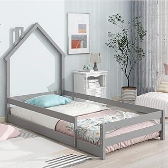 Dolonm Toddler Floor Bed Twin, Full Size Montessori Bed Frame with Roof, Fence Guardrails and Full-Length Guardrails for Girls Boys(with Slats), Grey