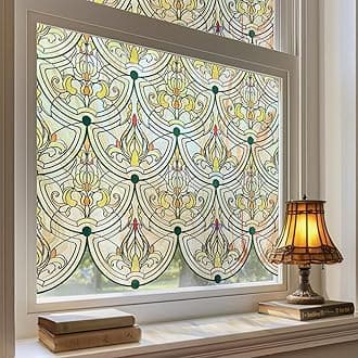 3D Stained Glass Window Film, Decorative Window Privacy Film for Bathroom,Front Door,Home, Sun Blocking Heat Control,Static Cling, Golden Ironwork 17.5inch x 47.24inch