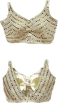 Women's Phantom Silk Embroidery Real Mirror Work Sleeveless Saree Readymade Blouse (V -Mirror Blouse_White_38 Size)