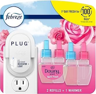 Febreze Plug-In Air Freshener, Odor-Fighting Scented Oil Starter Kit, Air Fresheners for Home and Bathroom and Kitchen, Long Lasting for Strong Odors, Downy April Fresh Scent, Warmer + 2 Refill