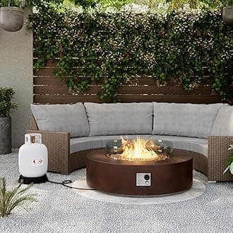 SUNBURY 42Inch Outdoor Propane Fire Pit,CSA Certified,Round Dark Brown Patio Fire Table Concrete Burner Firepits 50,000 BTU w Lava Rocks, Glass Wind Guard, Waterproof Cover