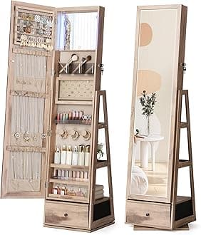Nicetree 360° Swivel Jewelry Cabinet with Lights, Touch Screen Vanity Mirror, Rotatable Full Length Mirror with Jewelry Storage, Standing Jewelry Armoire Organizer, Foldable Makeup Shelf, Oak
