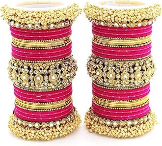 Pearl Cubic Zirconia Kundan Bangles Set Red/Green/Blue/Pink Colours Bridal Chuda/Wedding Chuda for Women & Girls