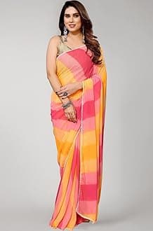RAJESHWAR FASHION WITH RF Women's Printed Georgette Sarees For Ladies & College Girls Farewell With Lace Border & Blouse