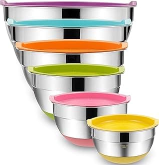Umite Chef Mixing Bowls with Airtight Lids, 6 Piece Stainless Steel Metal Bowls, Measurement Marks & Colorful Non-Slip Bottoms Size 7, 3.5, 2.5, 2.0,1.5, 1QT, Great for Mixing & Serving