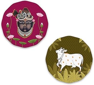 Artvibes Pichwai Round Shape Wooden Wall Hanging Decor | Decorative Hanging Items for Living Room | Gifts | Modern Wall Decoration Artworks for Home | Door Hanging Designer Painting Art Item (WH_8808)