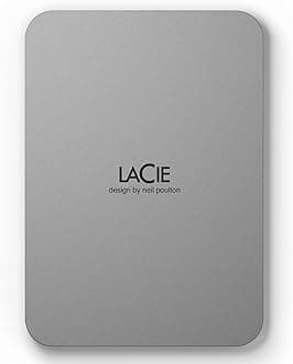 LaCie Mobile Drive, 5TB, External Hard Drive Portable - Moon Silver, USB-C 3.2, for PC and Mac, Post-Consumer Recycled, with Adobe All Apps Plan (STLP5000400)