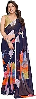 Women's Party Wear Georgette Printed Border Ready To Wear Saree With Unstiched Blouse Piece