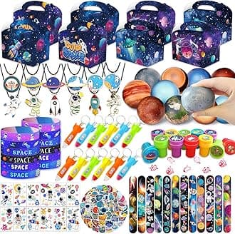 Bluegogo 151Pcs Space Party Favors, Space Birthday Party Decorations Include Stress Ball Bracelet Tattoo Stickers Stamp, Necklace, Rocket Keychain Gift Box for Kids Space Party Supplies