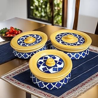 Ceramic Handi Set with lid, yellow blue Hand Painted Casserole Set | Biryani/Rice pot for Serving Dal, Curry | Curd - Dahi Handi, Set of 3 | 1250 ML, 900 ML, 600 ML