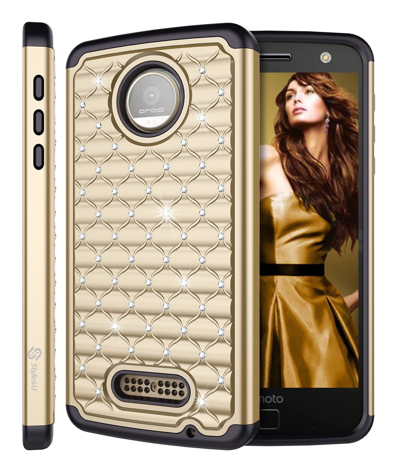 Moto Z Force Case, Moto Z Force Droid Case, [Shockproof] Studded Rhinestone Crystal Bling Hybrid Armor Case for Motorola Moto Z Force/Moto Z Force Droid with 1 Stylus [Gold/Black]