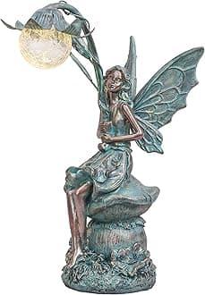 Garden Statues Fairy Sculptures & Statues, Outdoor Solar Light Garden Decor Resin Patina Bronze Figurines for Outdoor Decor, Valentines Decorations Gifts for Women Mom, 13.8''
