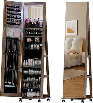 OUTDOOR DOIT 360° Rotating LED Jewelry Armoire with Lockable,Full Length Mirror Large Capacity Jewelry Organizer Armoire,Floor Standing Mirror with Back Storage Shelves for Bedroom,Brown