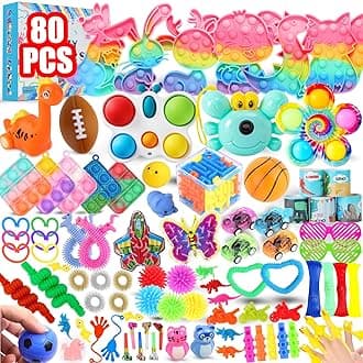 80Pcs Fidget Toys Pack, Bulk Party Favors for Kids, Stocking Stuffers, Treasure Box Chest, Birthday Party, Classroom Carnival Prizes, Pinata Stuffers, Goodie Bag Stuffers, Stress Relief, Sensory Toy