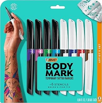 BIC BodyMark Temporary Tattoo Marker Artist Set with Fine Tip and Brush Tip, Assorted Colors, Pack of 8 Markers + 6 Stencils