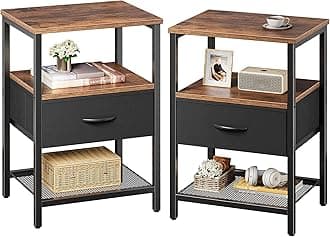 Huuger Nightstand Set of 2, Night Stand with Fabric Drawer, Mesh Shelf, Side Table with Storage, Fabric Drawer Dresser, Open Shelf, Metal Frame, Bedroom, Rustic Brown and Black