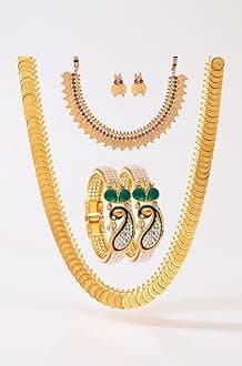 Zeneme Jewellery Set Gold Plated Pearl Studded Bangles Jewelry, Long Maharani Temple Coin Necklace, Short Red Green Necklace Set with Earring Jewellery for Women and Girl