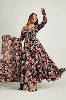 Women's Floral Georgette Kurta Set with Dupatta | Round Neck Full Sleeve Fit Flared Anarkali Kurti