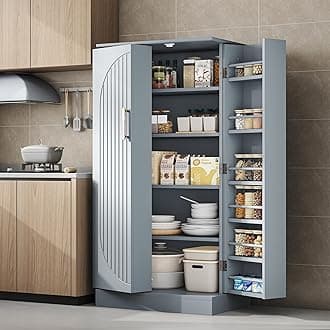 47" Tall Kitchen Pantry Cabinet, Grey Pantry Storage Cabinet with Adjustable Shelves, Barn Doors and Drawer Farmhouse Cupboard for Kitchen, Dining Room, Bathroom (16" D x 24" W x 47")