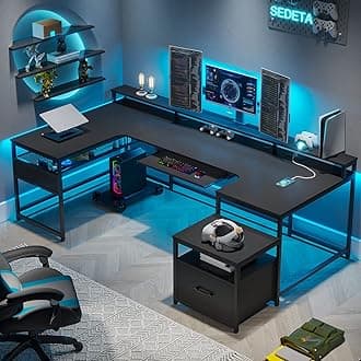 SEDETA L Shaped Desk, 82.6" U Shaped Desk, Computer Desk with File Drawer & Power Outlet, Home Office Desk with Monitor Shelf, Keyboard Tray and Printer Storage Shelves, Gaming Desk, Black