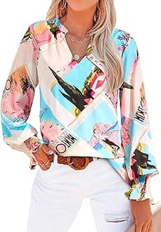 MASCOMODA Womens V Neck Floral Long Sleeve Tops 2026 Summer Casual Loose Puff Sleeve Chiffon Boho Work Blouse Dressy T Shirts