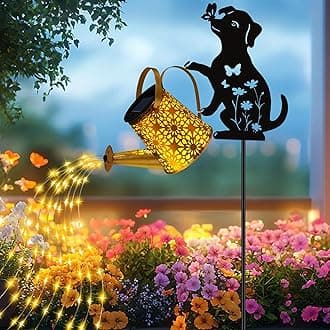 Solar Lights Outdoor Decorative, Watering Can with Cascading Lights, with Dog Silhouette Garden Stakes, Waterproof Metal Garden Decor for Yard Art, Outside, Patio, Lawn Ornaments