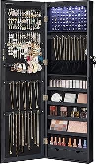 6 LEDs Mirror Jewelry Cabinet, 47.2-Inch Tall Lockable Wall or Door Mounted Jewelry Armoire Organizer with Mirror, 2 Drawers, 3.9 x 14.6 x 47.2 Inches, Black UJJC093B01