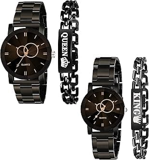 CERO King Queen Analogue Watch and Bracelet Combo for Couple (Black) - Pack of 4