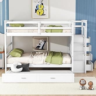 Solid Wood Full Over Full Bunk Bed with Stairway and Twin Size Trundle, Full Size Bunk Bed Frame with Guard Rail and 4 Drawers for Kids Teens Adults Bedroom, Dorm (White-WB)