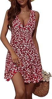 FENSACEWomen's Summer Sleeveless Sexy Wrap V Neck Floral Sundress Mini Dress