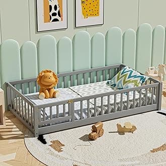 i-POOK Twin Size Floor Bed with Fence and Door Platform Bed Frame with Safety Guardrails and Wood Slats Montessori Floor Bed for Girls and Boys, Size: L 79.5” x41.8” x 17.5”, Gray