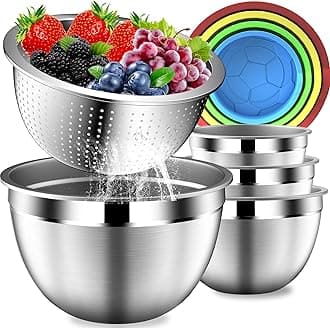 Mixing Bowls with Strainer, Mixing Bowl with Lids Set, Stainless Steel Mixing Bowls, Kitchen Gadgets Salad Bowls with Strainer for Mixing & Preping & Serving, Multicolor