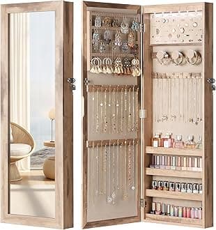 Nicetree 6 LEDs Mirror Jewelry Cabinet, Large Capacity Lockable Jewelry Armoire Organizer, Door or Wall Mounted Mirror with Jewelry Storage, Oak