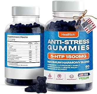 Stress Relief Gummies - 1500MG 5HTP with L-Theanine Gaba & L-Tyrosine - Ashwagandha Herbal Supplement Supports Intellectual Alertness Vegan Brain Mood Booost Supplements for Kids & Adults Made in USA