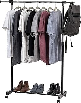 IRIS USA Portable Single-Rod Height Adjustable Clothes Rack with Extendable Bar and Lockable Wheels, Rolling Garment, Single Rod Wardrobe Rack, Easy Assemble, for Clothes, Belts, Shoes, and Bags