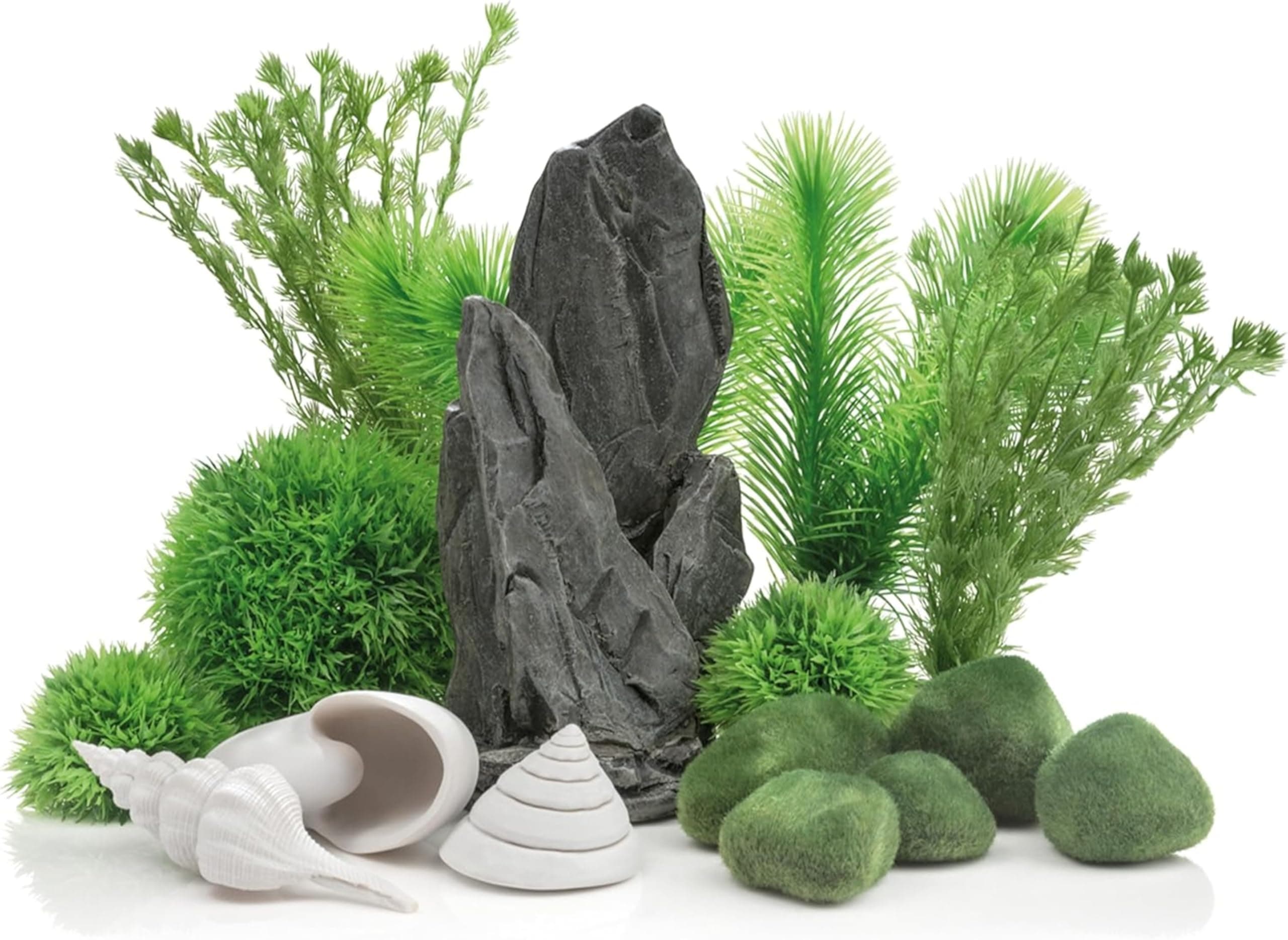 biOrb Decor Set, Stone Garden Theme Grey Slate Sculpture, Plant & Sea Shell Ornaments for 30 L+ Aquariums, Easy-Insert Decoration Compatible with Fresh & Saltwater Tanks, Fish Tank Decorations, Green