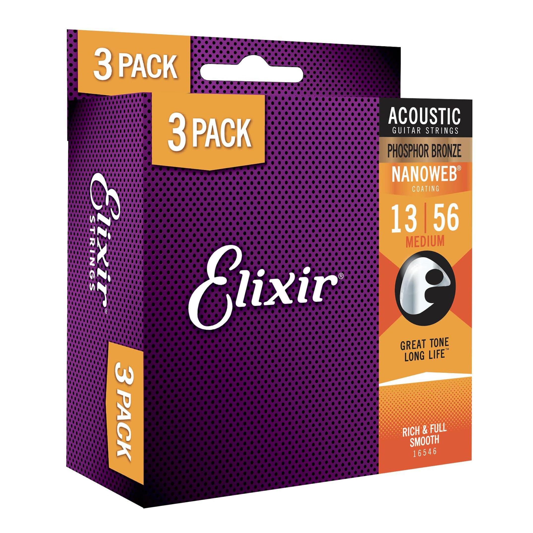 Elixir Strings, Acoustic Guitar Strings, Phosphor Bronze with NANOWEB Coating, Longest-Lasting Rich and Full Tone with Comfortable Feel, 3-pack, Medium 13-56