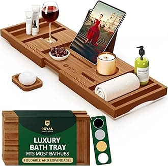 ROYAL CRAFT WOOD Luxury Bamboo Bathtub Caddy Tray, + FREE Soap Holder (BROWN)