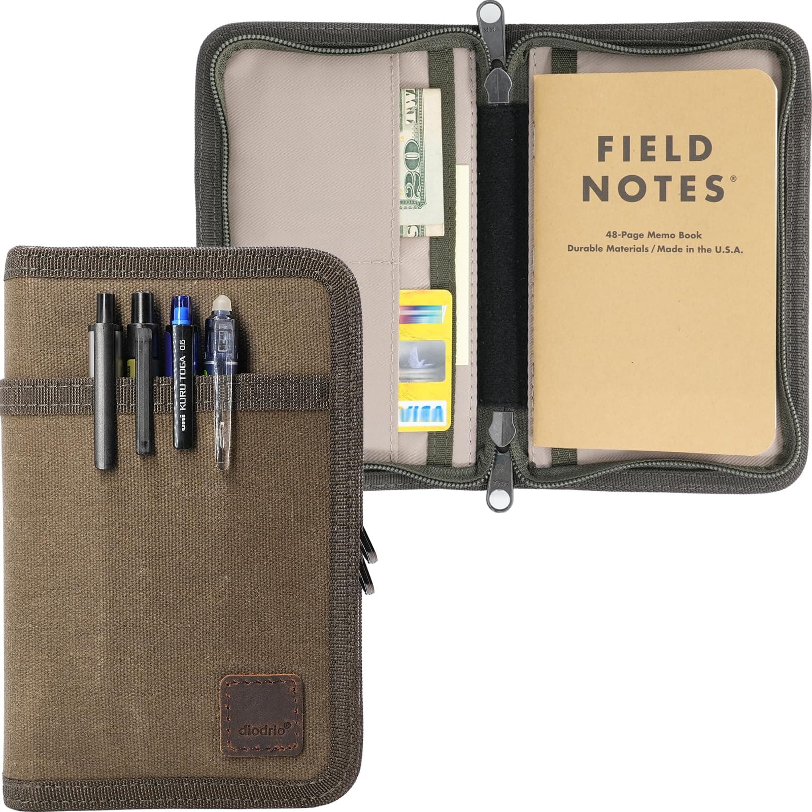 diodrio Field Notes Notebooks Cover for 3.3 x 5.5 Pocket Notebook Journal with Pen Holder, Water Resistant Zipper Cover for 3.5 x 5.5 Field Journal Planner Sketchbook, Waxed Canvas, Olive.