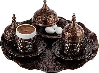 DEMMEX 2024 Turkish Greek Arabic Coffee Serving Set with Cups, Saucers, Cup Holders, Lids, Sugar Bowl & Lid and Tray, 11 Pcs (Antique), Medium