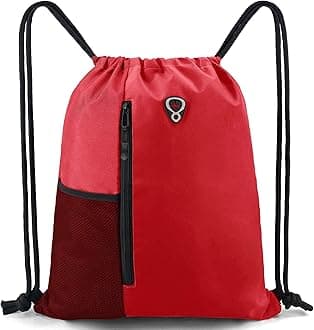 BeeGreen Red Lightweight Drawstring Backpack For Women W Water Bottle Pocket &Front Zippered Pocket Large Sports String Sackpack For Traveling Yoga Beach Outdoor Gym