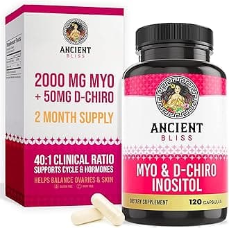 Ancient Bliss Myo & D-Chiro Inositol Supplement, 40 to 1 Ratio, Helps in Ovarian Function Support for Women, Vitamin B8 Helps to Regulate Menstrual Cycle, 2050mg per Serving, 120 Vegan Capsules