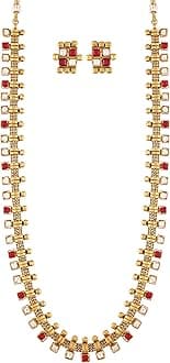 I Jewels18K Gold Plated Traditional South Indian Stylish Multicolour Stone Work Long Necklace With Earrings For Women & Girls (MC041)