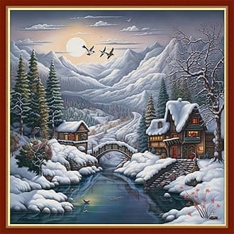 Findvoor Stamped Cross Stitch Kits for Beginners Full Range of Cross Stitching Embroidery Pattern for Adults, 11CT DIY Needlepoint Embroidery Starter Kits-Winter snowscape 17.7x17.7 inch