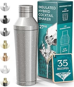 BARE BARREL Insulated Cocktail Shaker Set | Double Wall Stainless Steel | Martini Shaker for Home Bar Bartending | Built-in Drink Measure System & Strainer, Travel Bag, Recipes | Gift Set (A. Silver)