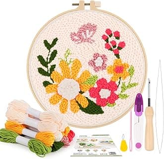 Pllieay Punch Needle Embroidery Starter Kits for Kids and Adults Beginners, Include Instructions, Punch Needle Fabric with Floral Pattern, Yarns, Embroidery Hoops and Threader Tools