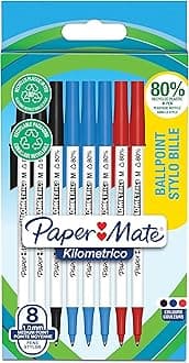 Paper Mate Kilometrico Ballpoint Pens | Long Writing with Medium Point (1.0mm) | Black, Blue & Red Ink | 80% Recycled Plastic | 8 Count