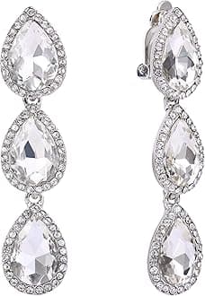EleQueen Women's Austrian Crystal Teardrop Pear Shape 2.4 Inch Long Clip-on Dangle Earrings