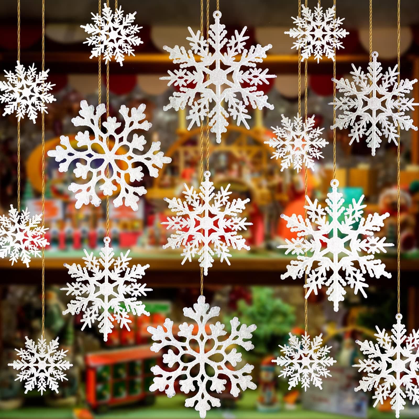 36 Pieces Plastic Snowflake Ornaments, Assorted Sizes Sparkling White Glitter Snowflake Christmas Decorative Hanging Ornaments for Christmas Decorating, Crafting,Wedding and Embellishing